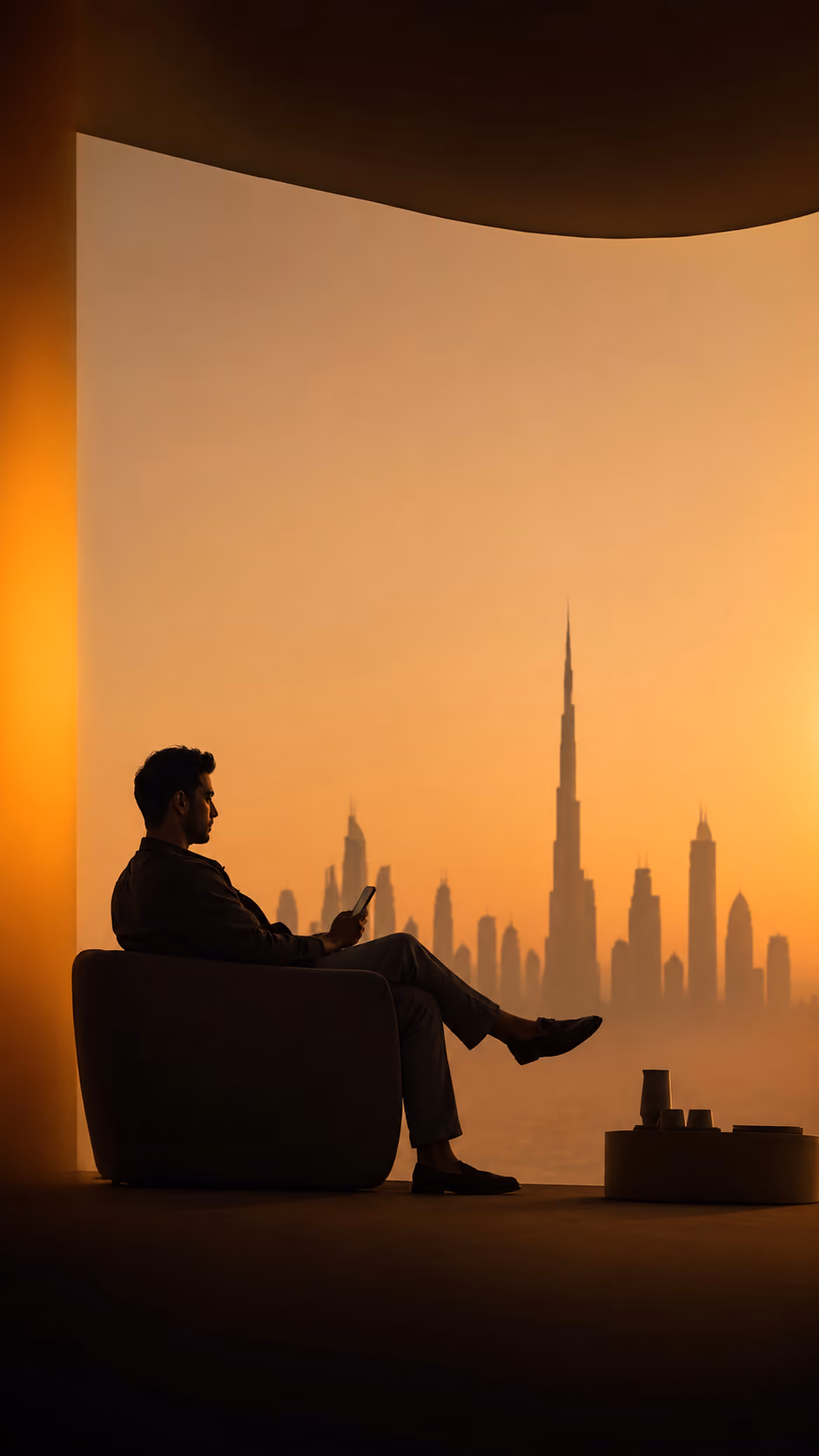 A resident overlooking the Dubai skyline and Burj Khalifa at dusk