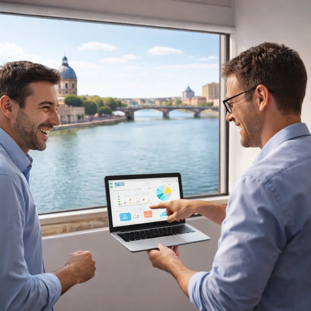 Deux consultants SEO analysent des statistiques sur un ordinateur portable face à la Garonne à Toulouse