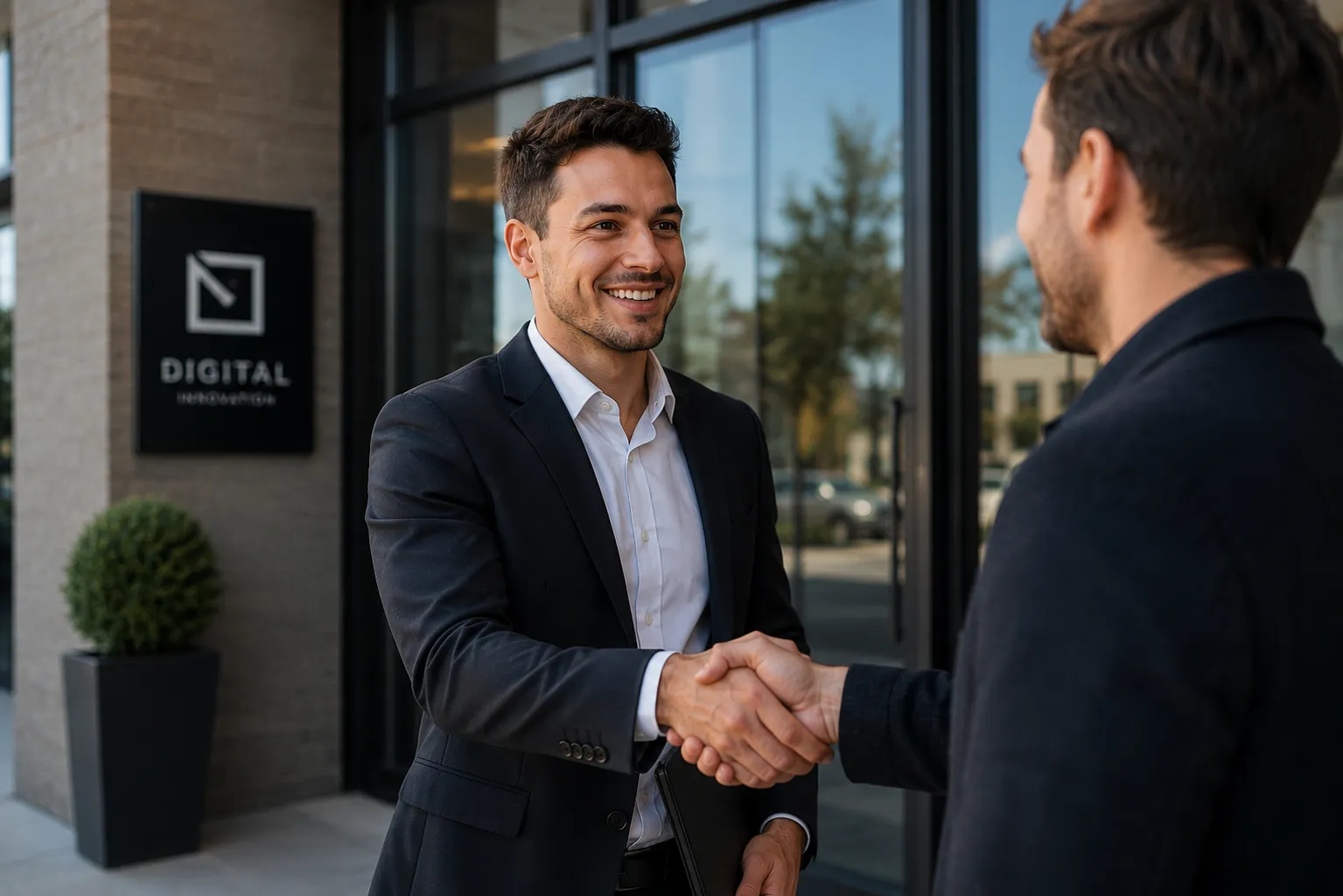 Poignée de main entre deux professionnels devant un immeuble de bureaux