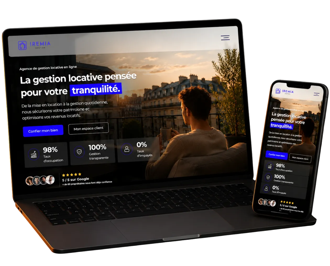 Maquette du site Iremia Gestion réalisé par Webance, affiché sur ordinateur portable et smartphone