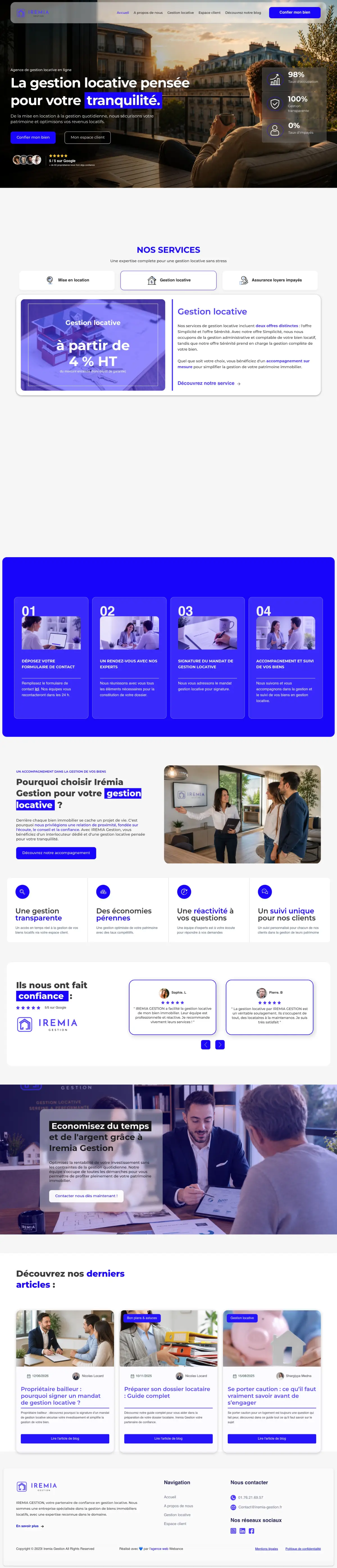 Page d'accueil du site Iremia Gestion réalisé par Webance