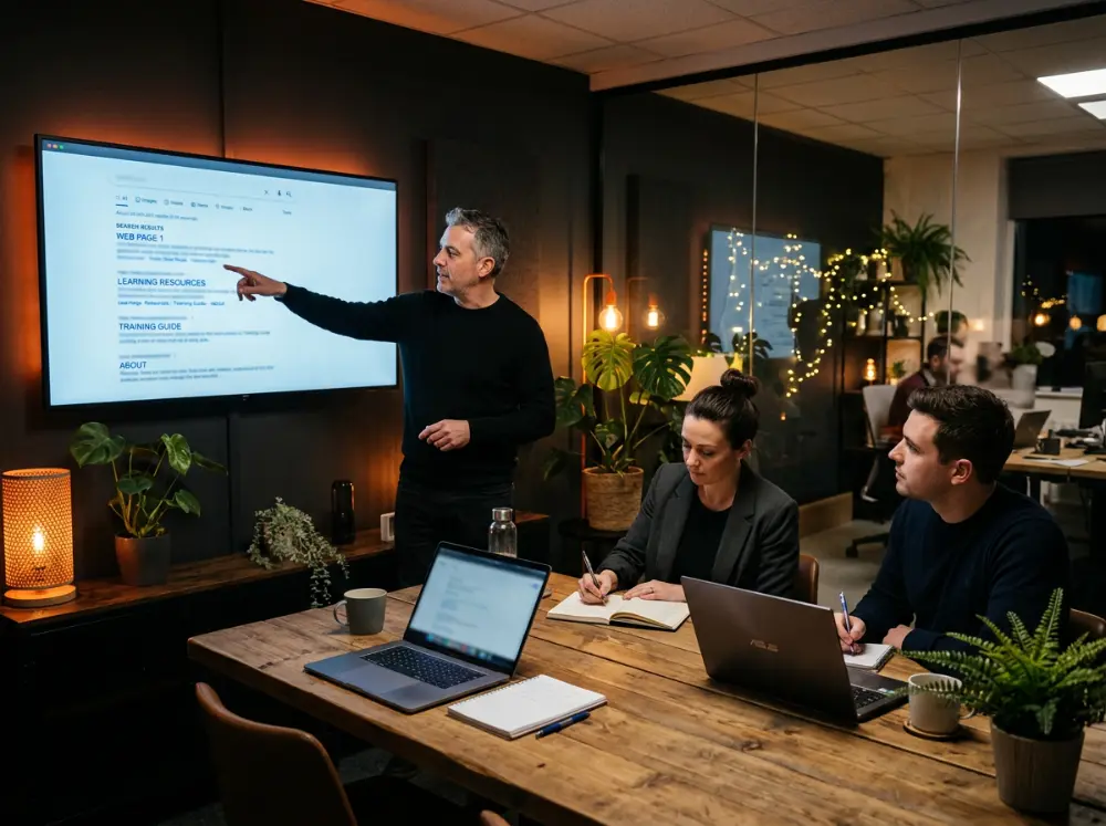 Formateur expliquant le fonctionnement des résultats Google à deux participants en formation SEO