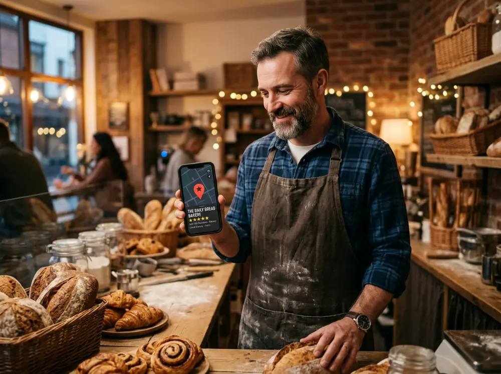 Commerçant consultant sa fiche d'entreprise et ses avis sur une carte depuis son smartphone