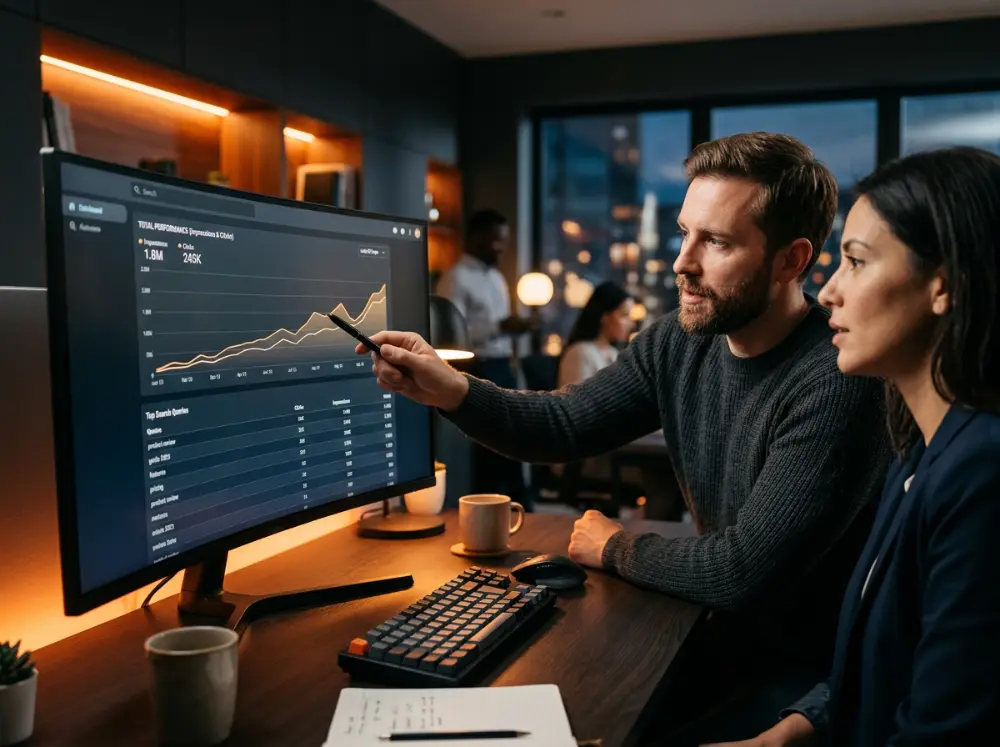 Deux personnes analysant la hausse des clics et impressions sur un tableau de bord de suivi SEO