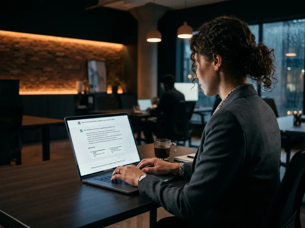 Professionnelle posant une question à un assistant IA qui cite des sources sur son ordinateur