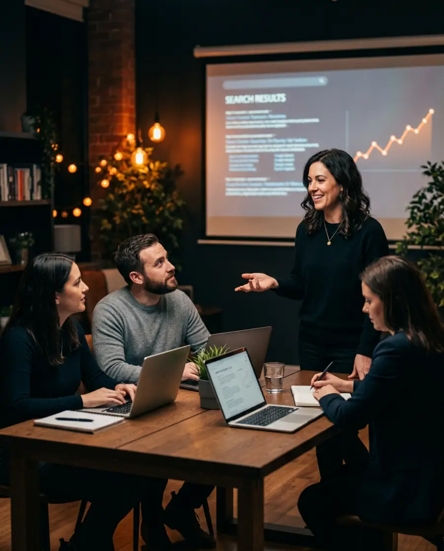Formatrice SEO animant une session de formation devant un écran de résultats de recherche à Toulouse