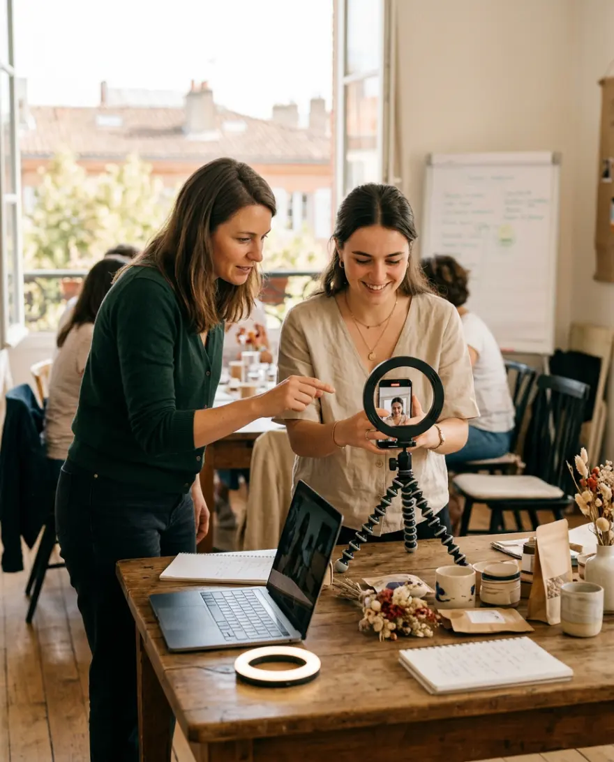 Commerçante filmant une vidéo courte de ses produits au smartphone, conseillée par une formatrice réseaux sociaux à Toulouse