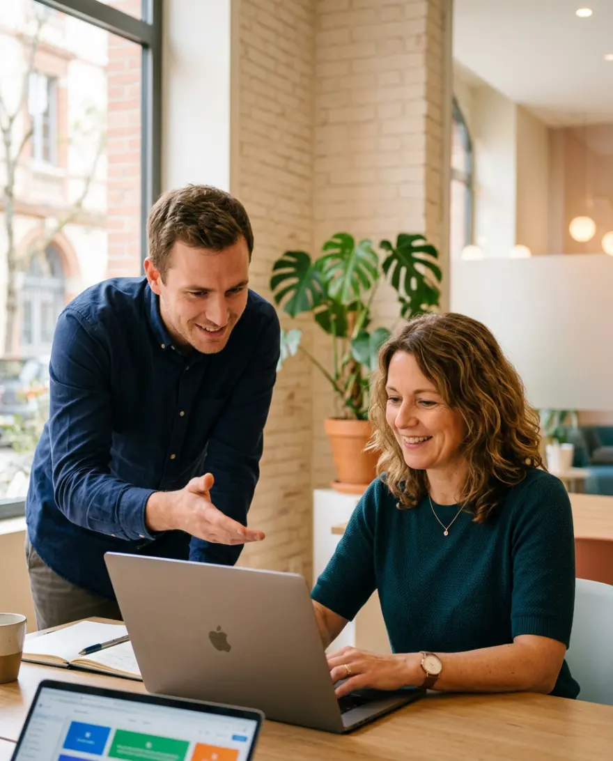 Formateur aidant une dirigeante à construire son site WordPress sur ordinateur portable pendant une formation à Toulouse