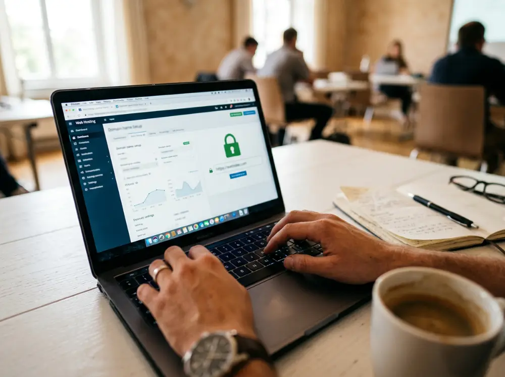 Mains sur un ordinateur portable affichant la configuration d'un nom de domaine et d'un hébergement sécurisé