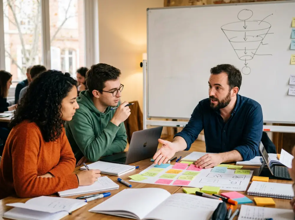 Formateur et participants définissant une stratégie réseaux sociaux avec des post-it de personas