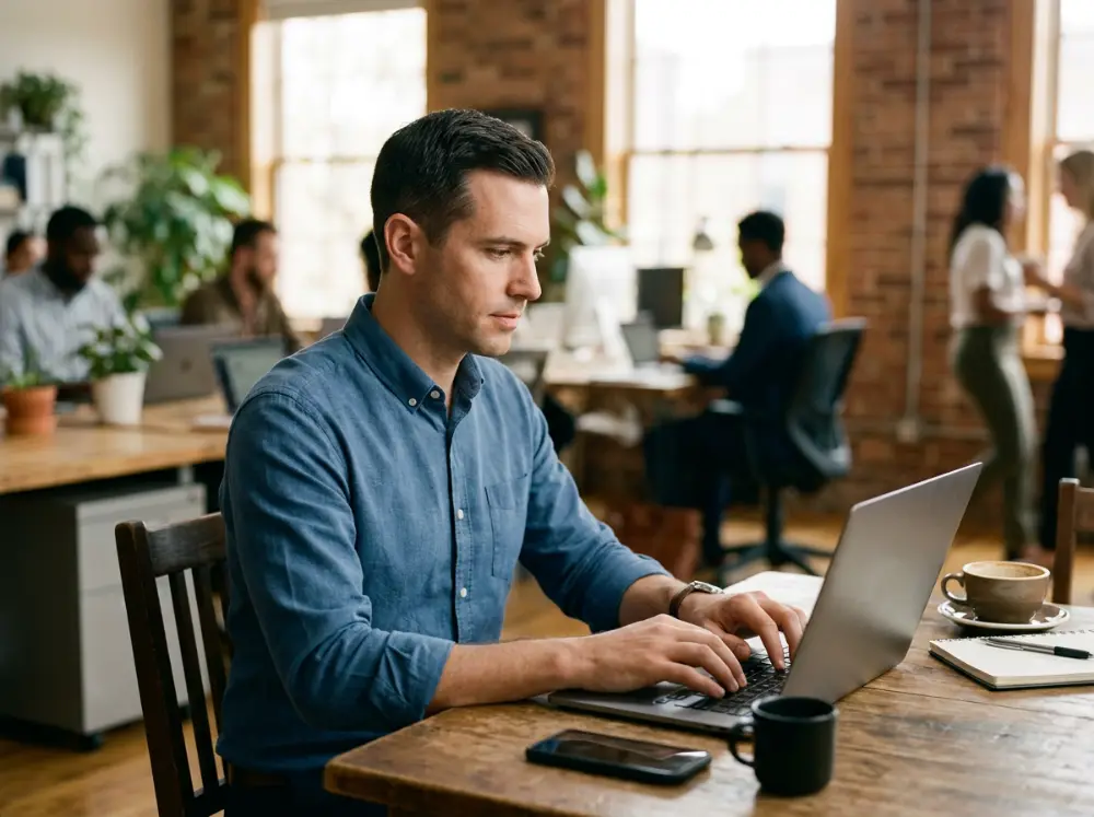 Professionnel rédigeant une publication sur un réseau social professionnel depuis son ordinateur