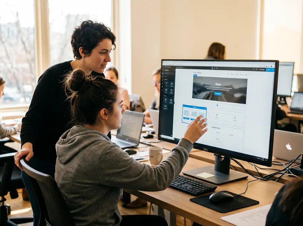 Participante assemblant les blocs d'une page avec un constructeur visuel, accompagnée par un formateur