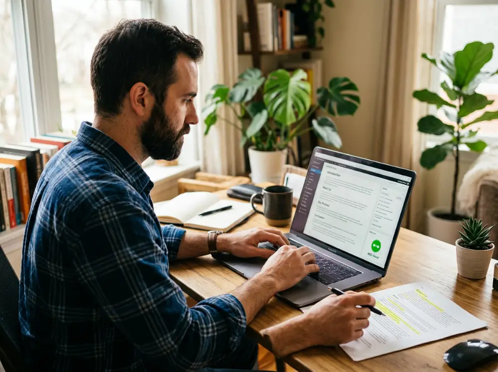 Homme rédigeant le contenu d'une page de site avec une structure de titres et un indicateur SEO