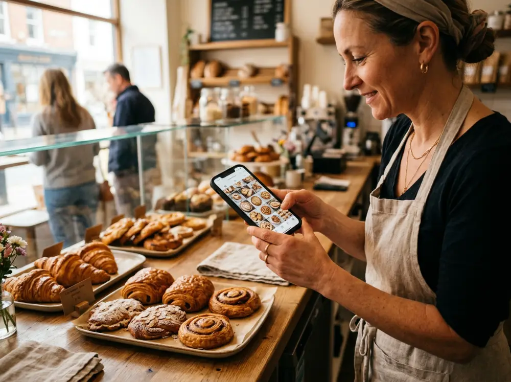 Boulangère photographiant ses viennoiseries au smartphone pour une publication sur les réseaux sociaux