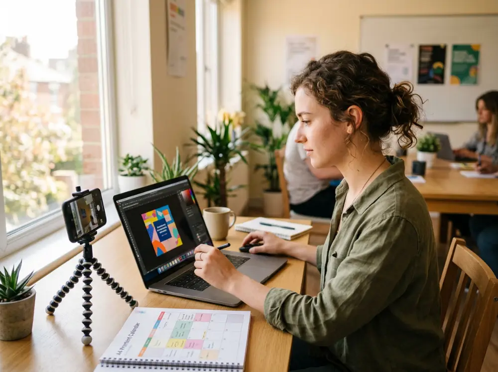 Femme créant un visuel pour les réseaux sociaux sur ordinateur, avec smartphone sur trépied et calendrier éditorial