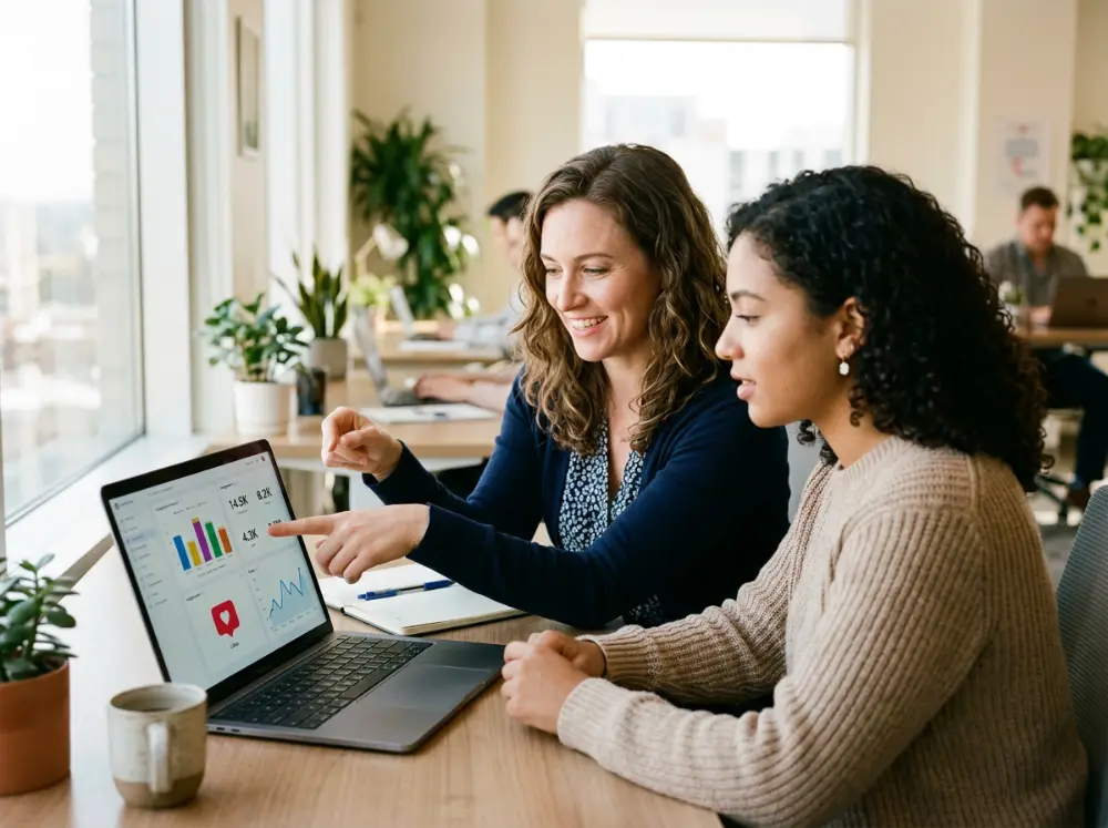 Deux collègues analysant les statistiques d'engagement de leurs réseaux sociaux sur ordinateur portable