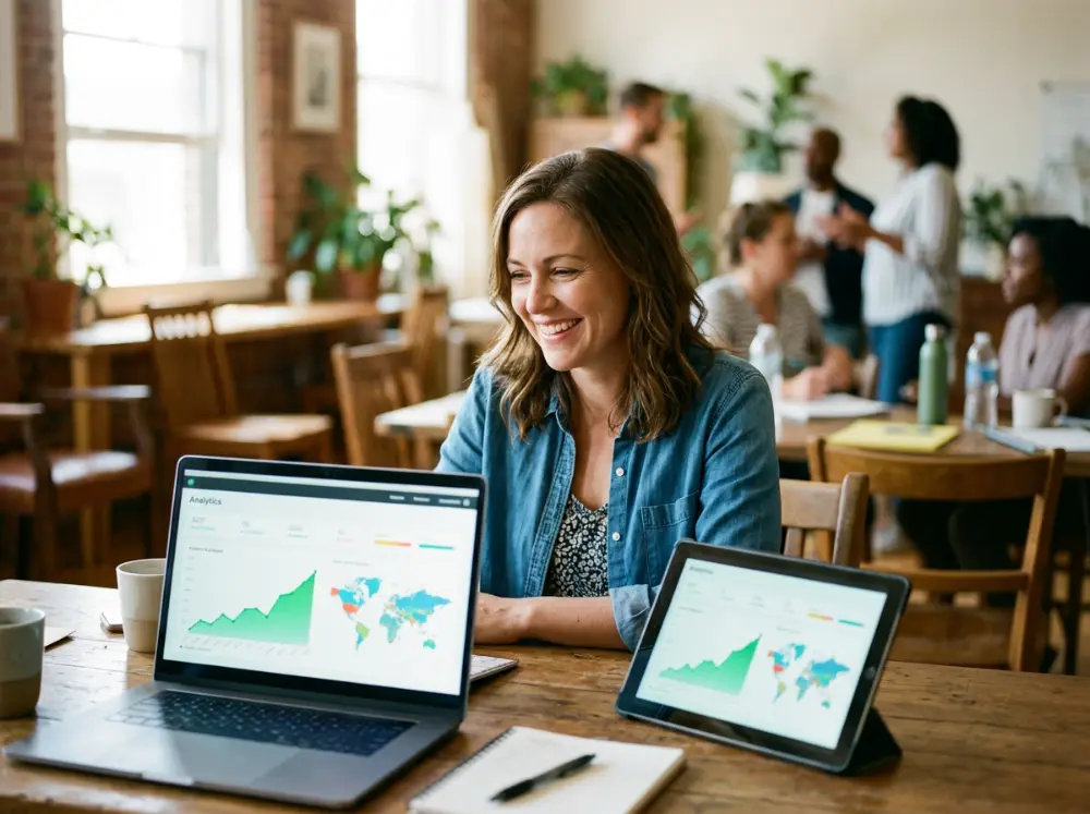 Dirigeante souriante consultant les statistiques de visites de son site sur ordinateur et tablette