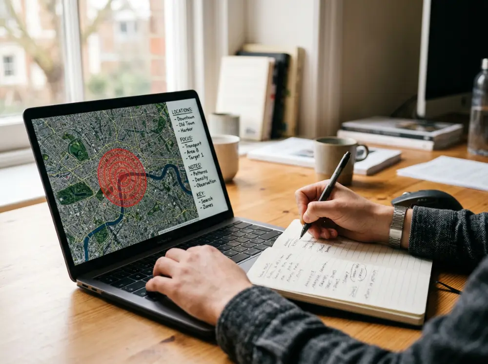 Carte avec rayon de ciblage géographique autour d'une ville et liste de mots-clés notée dans un carnet