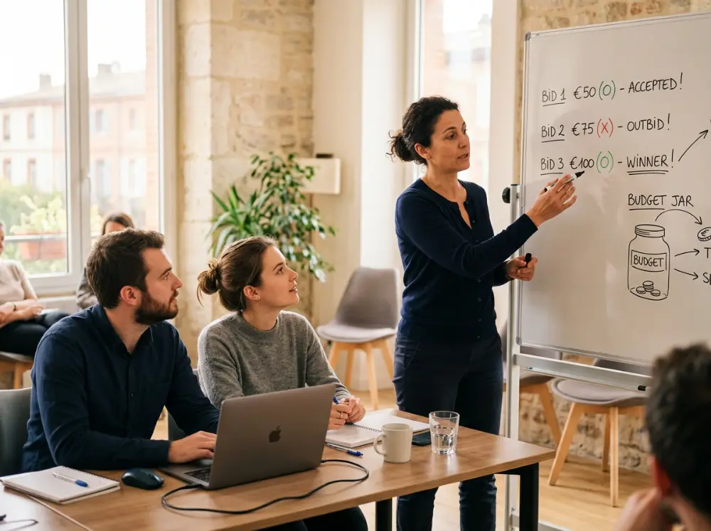 Formateur expliquant le fonctionnement des enchères et du budget Google Ads au tableau blanc