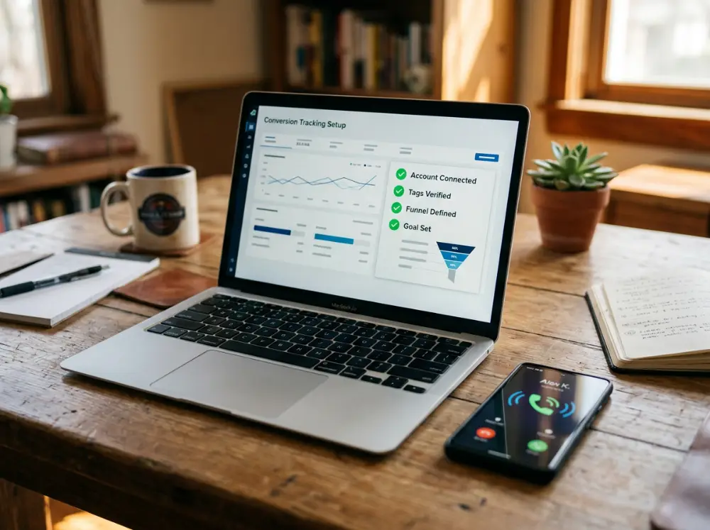 Écran de configuration du suivi des conversions avec liste de vérification et entonnoir de conversion