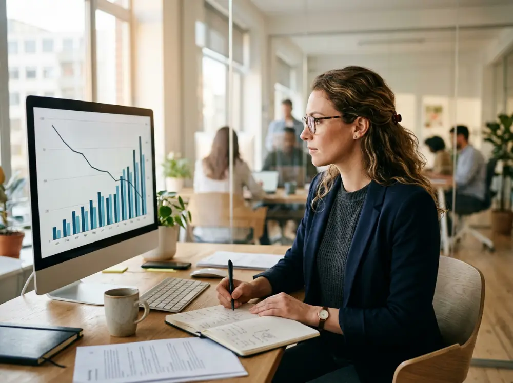 Responsable marketing analysant un rapport publicitaire montrant la baisse du coût par contact