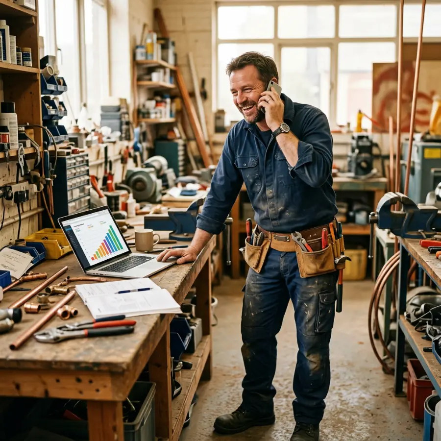 Artisan répondant à un appel dans son atelier, ordinateur affichant un tableau de suivi publicitaire
