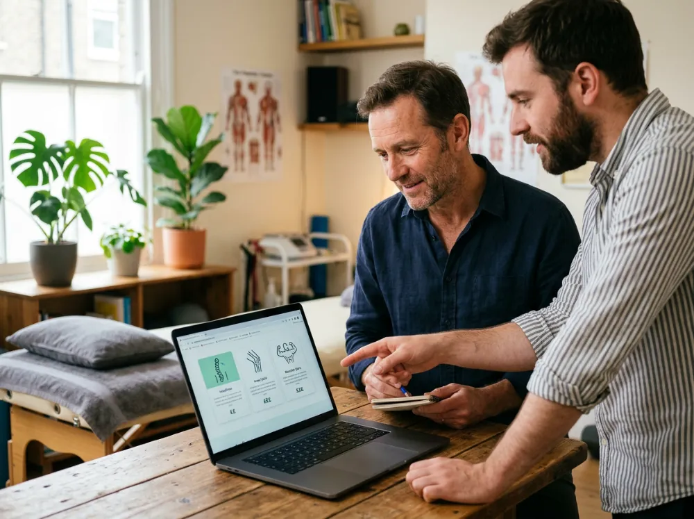 Kinésithérapeute indépendant relisant la section services de son futur site avec une webdesigner