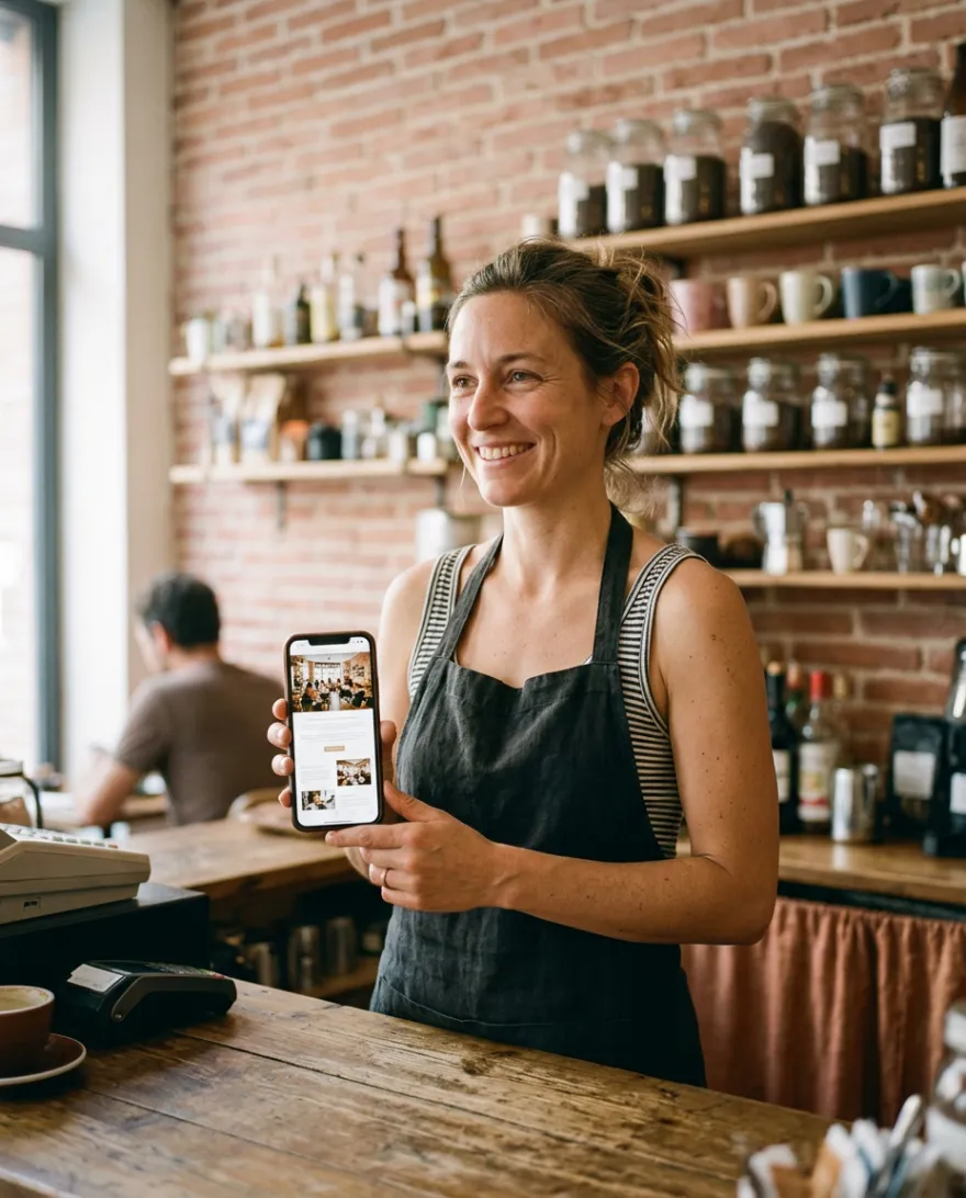 Gérante d'un café de Toulouse montrant son site one page sur smartphone derrière son comptoir