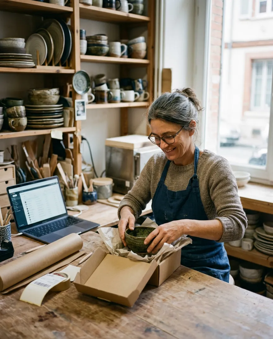 Céramiste toulousaine emballant une commande passée sur sa boutique en ligne dans son atelier