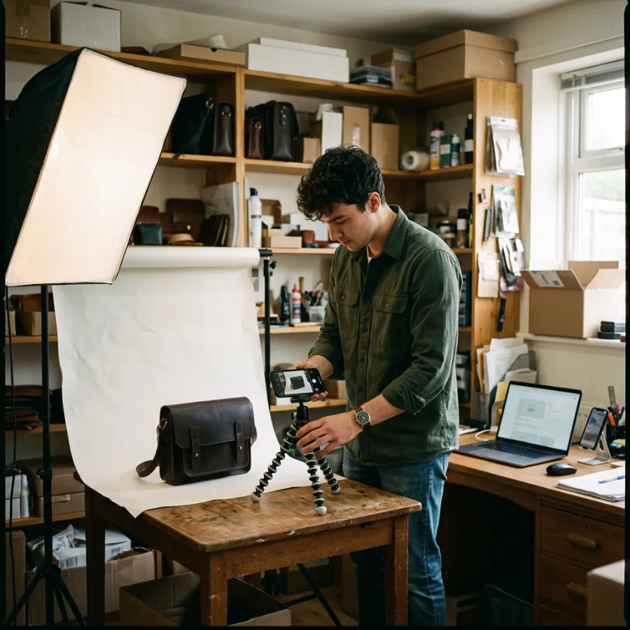 Commerçant photographiant un sac en cuir sur fond blanc pour la fiche produit de sa boutique en ligne