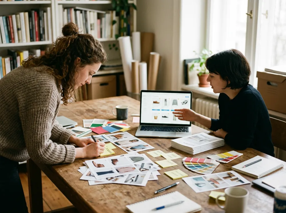 Deux personnes organisant le catalogue et les catégories d'une boutique en ligne autour d'un ordinateur