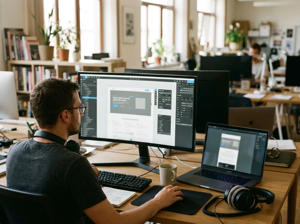 Développeur construisant le nouveau site sur Webflow avec la version mobile sur un second écran
