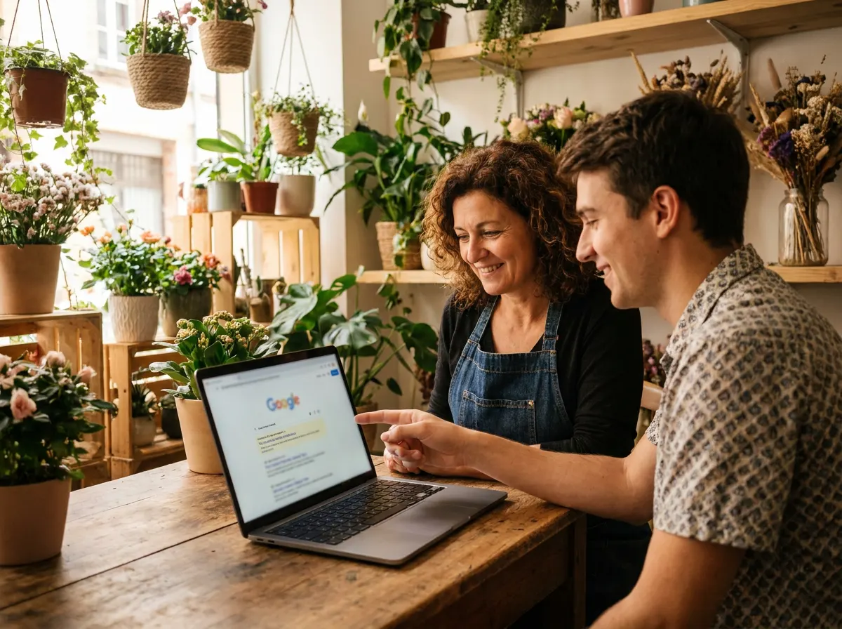 Fleuriste toulousaine et consultant SEO regardant son site en tête des résultats Google sur un ordinateur portable