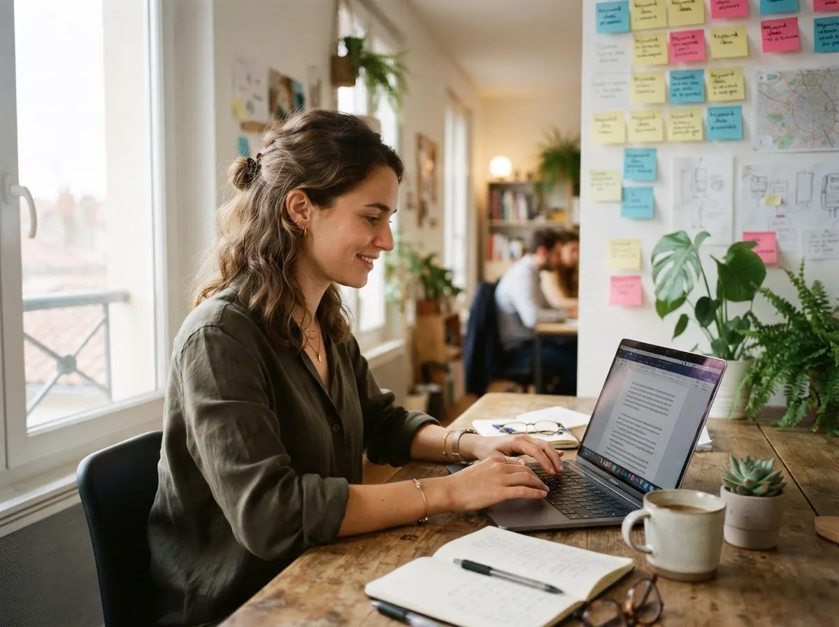 Rédactrice web écrivant un article SEO sur ordinateur, idées de mots-clés en post-it au mur