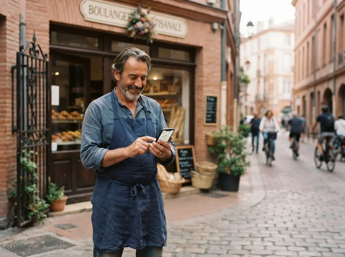 Boulanger devant sa boutique dans une rue de Toulouse consultant sa fiche Google Maps sur smartphone