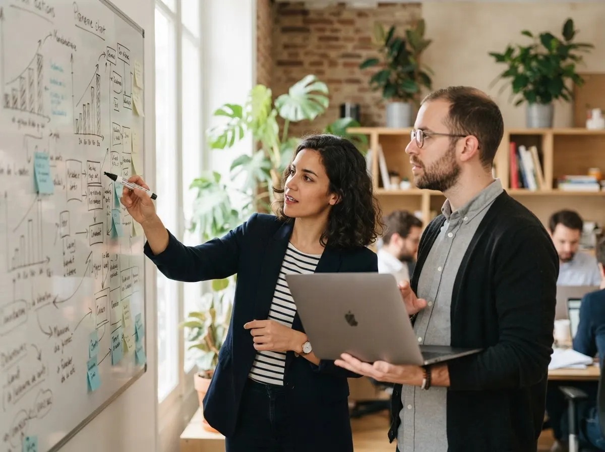 Consultante Webance présentant une stratégie de référencement sur un tableau blanc à un dirigeant de PME