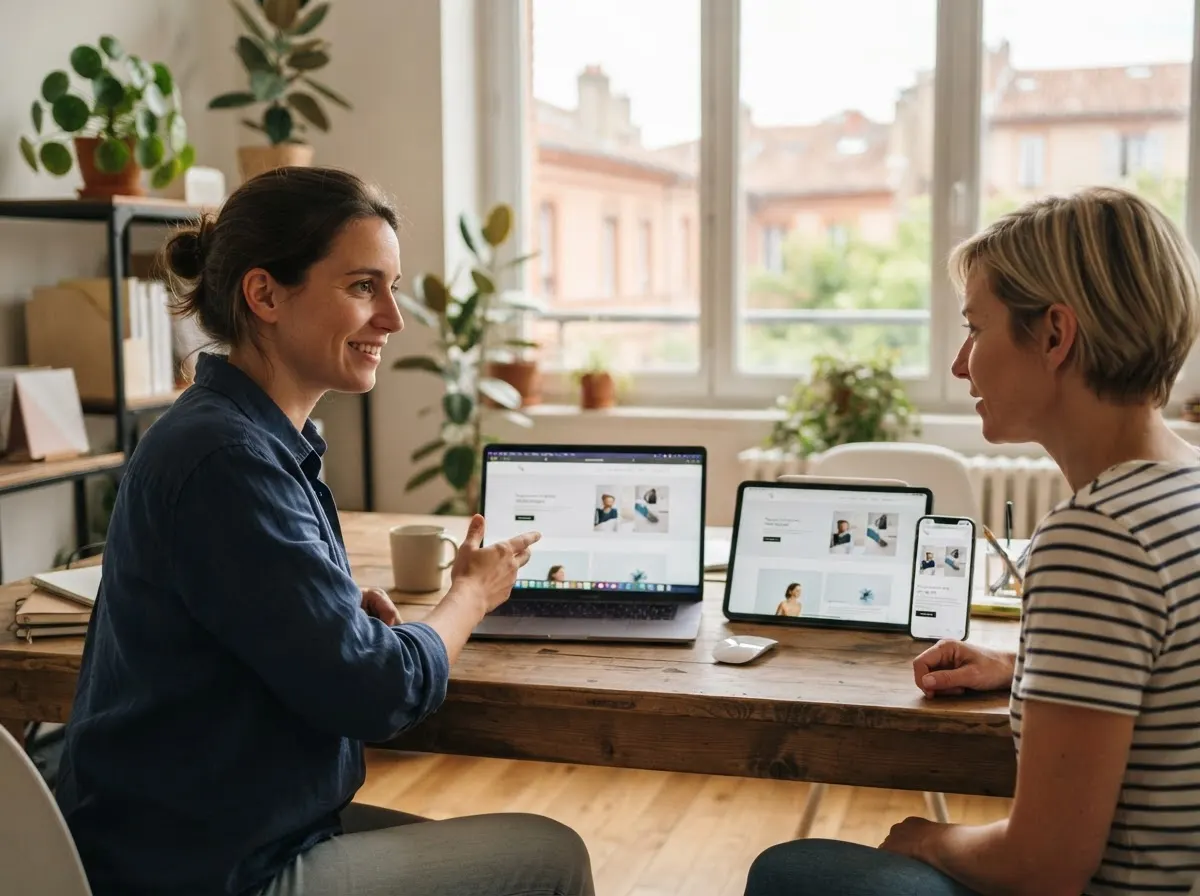 Site internet responsive créé par Webance affiché sur ordinateur, tablette et smartphone sur un bureau à Toulouse
