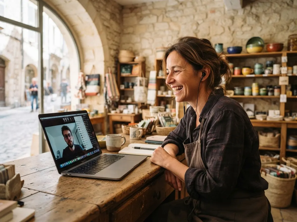 Commerçante échangeant en visio avec l'agence Webance depuis sa boutique