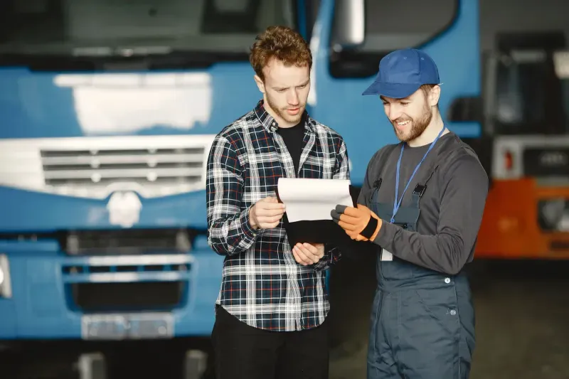 Two people checking paperwork against a truck in a service bay
