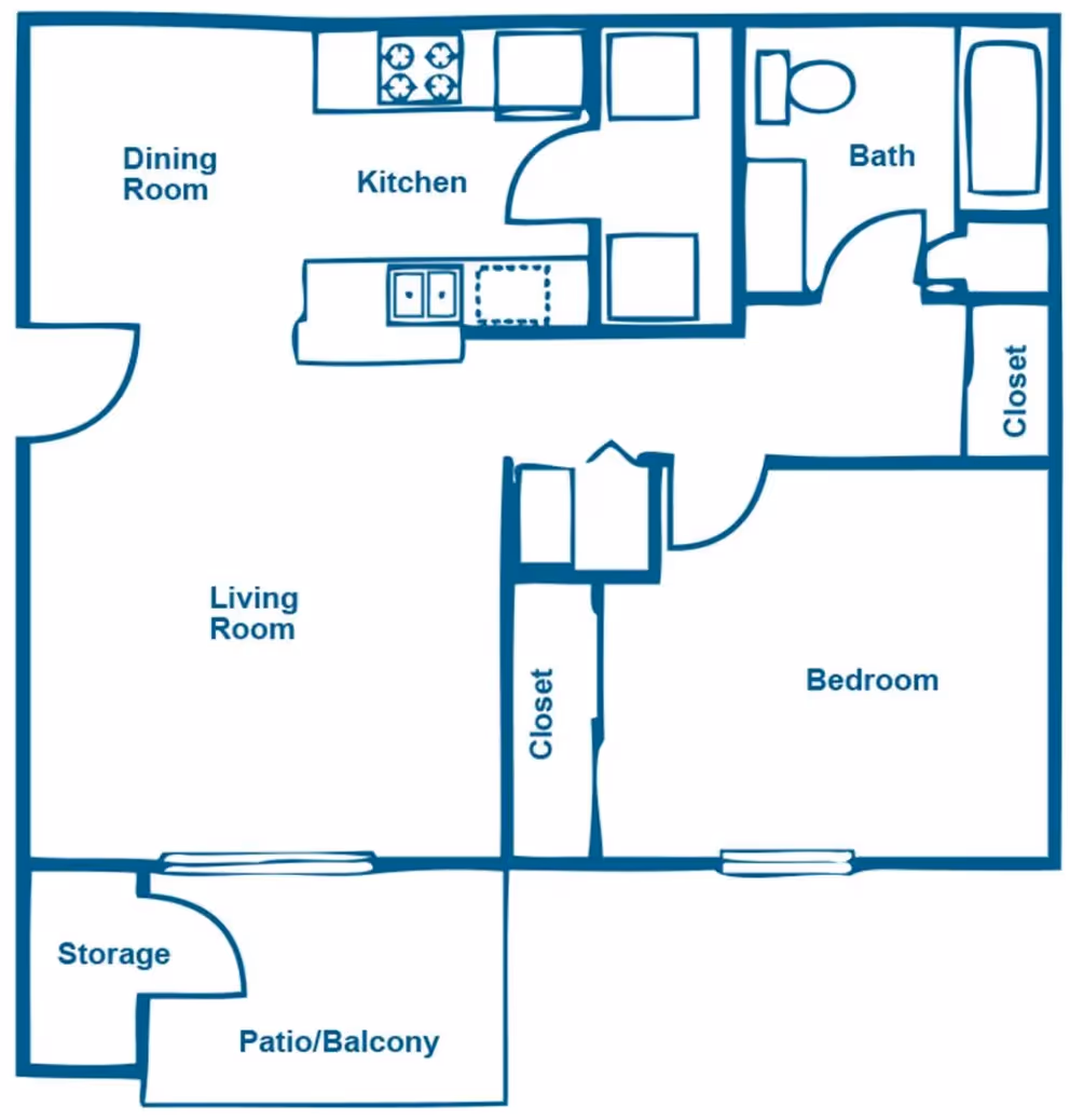 1 Bed x 1 Bath floor plan layout