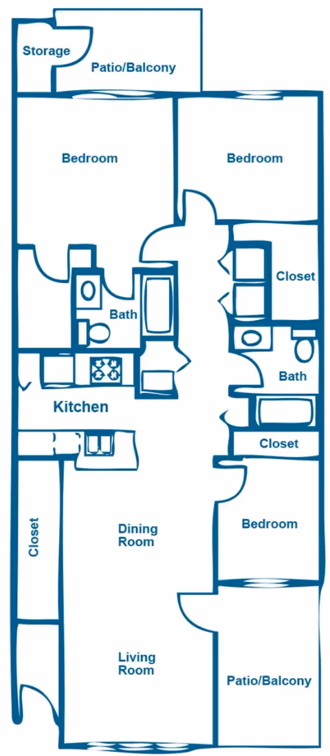3 Bed x 2 Bath floor plan layout