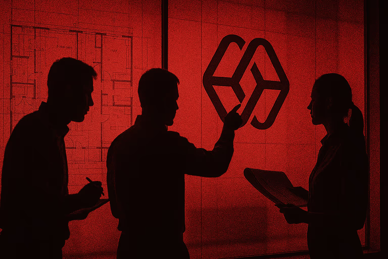 people in dark room pointing to our logo