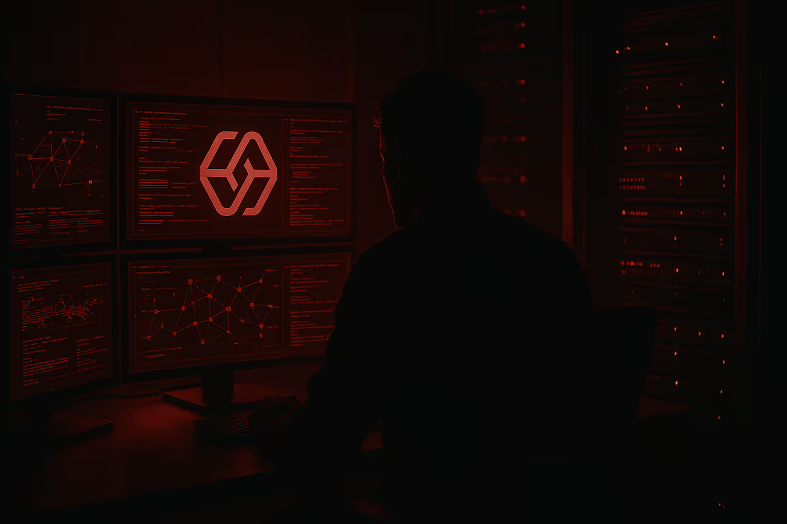 cybersecurity worker in front of server computer