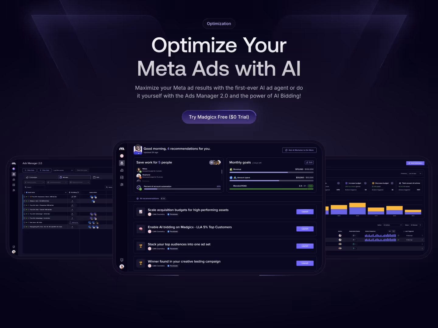 Cool dark purple app software hero section desktop design with pulsating circle animation around div elements designed by Webflow premium partner Jaro for marketing Saas company Madgicx.