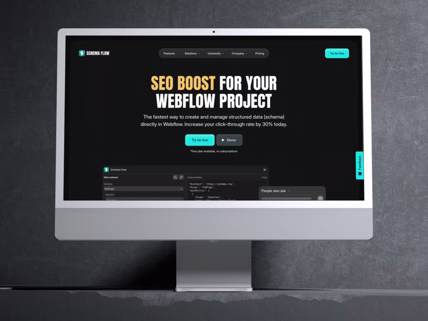 Schema Flow dark app UI design - Webflow app for management and creation of structured data.
