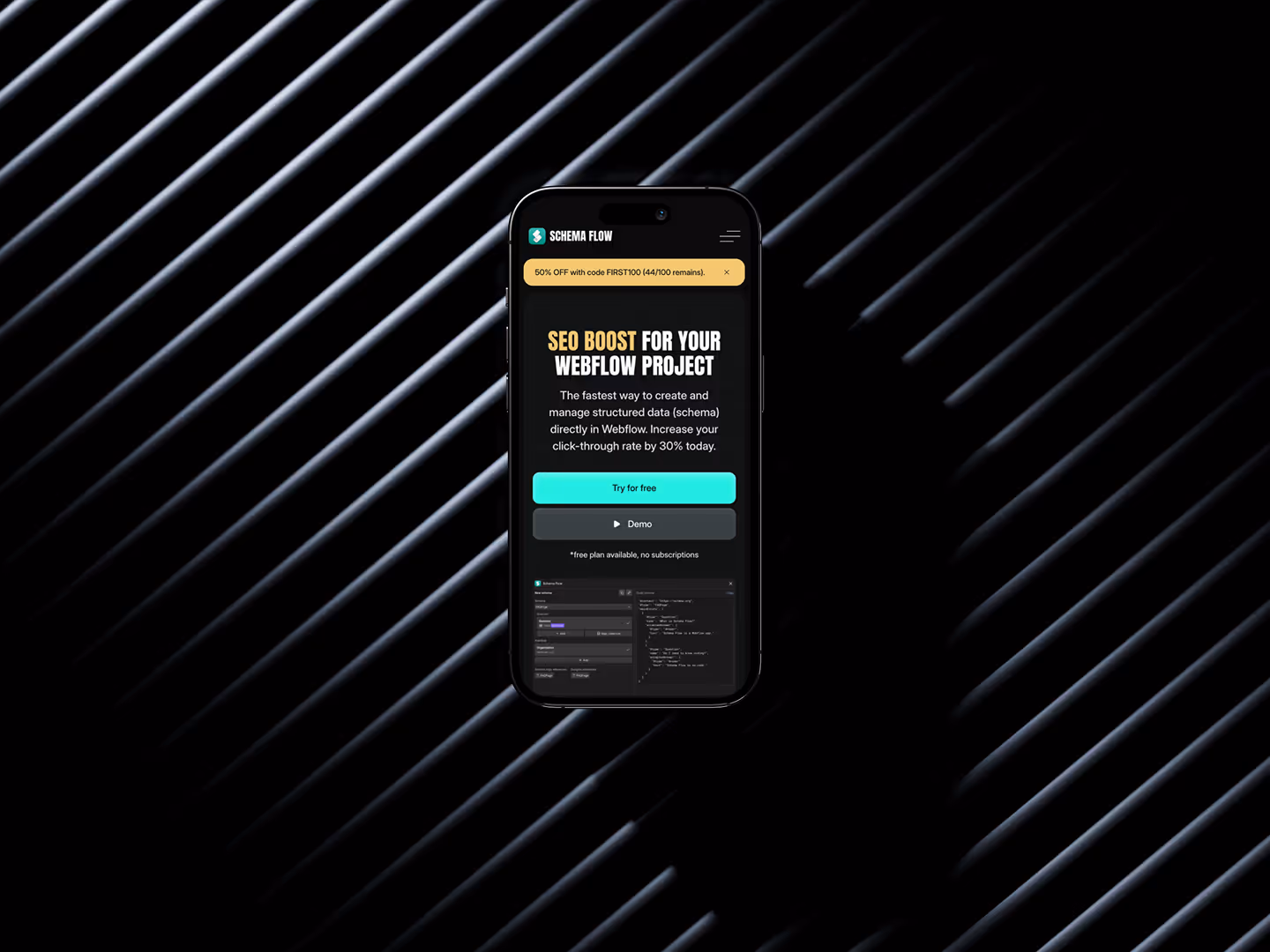 Schema Flow website dark mobile web design - Webflow app for management and creation of structured data.