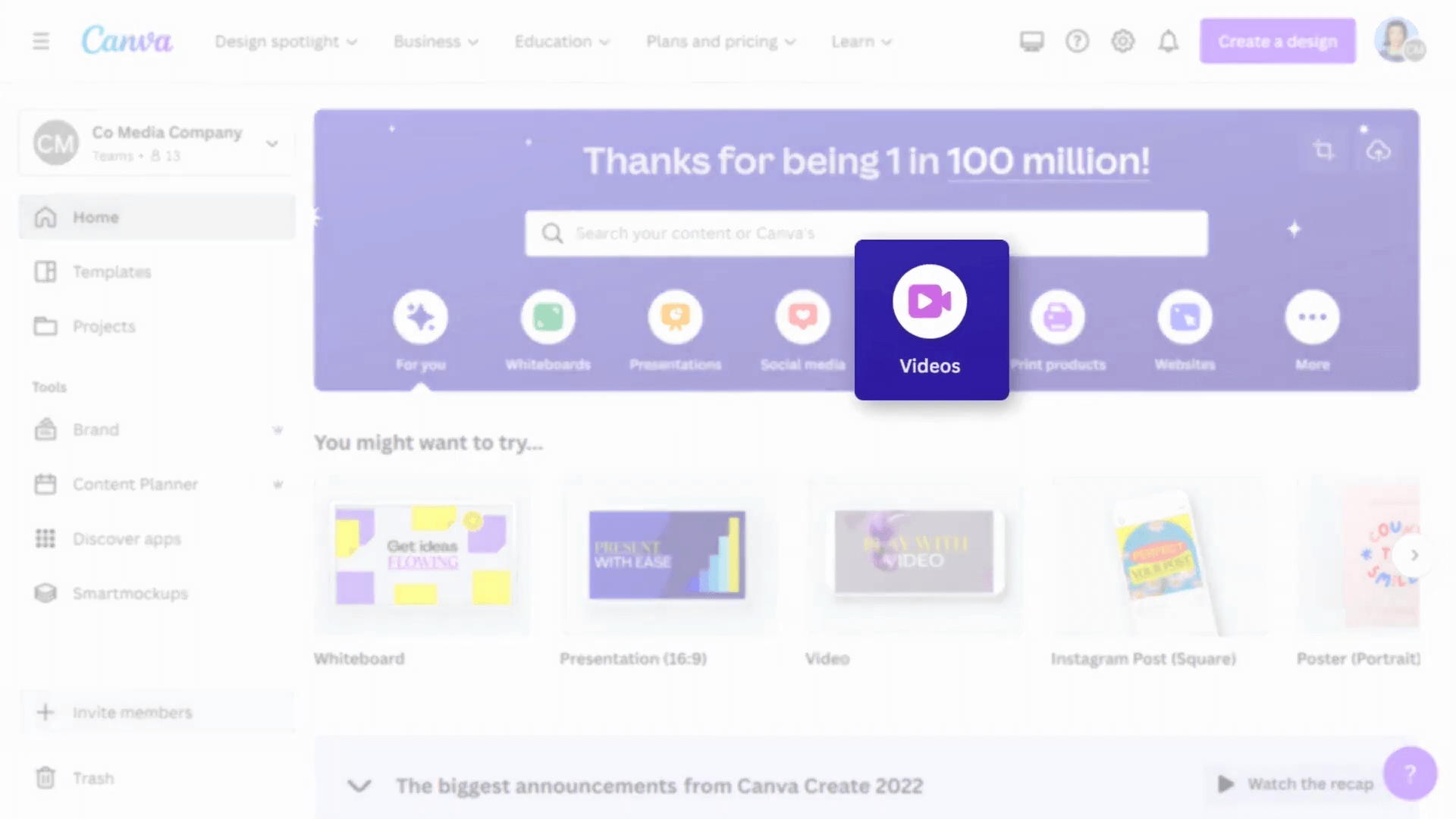 Create Video on Canva - Click on Videos