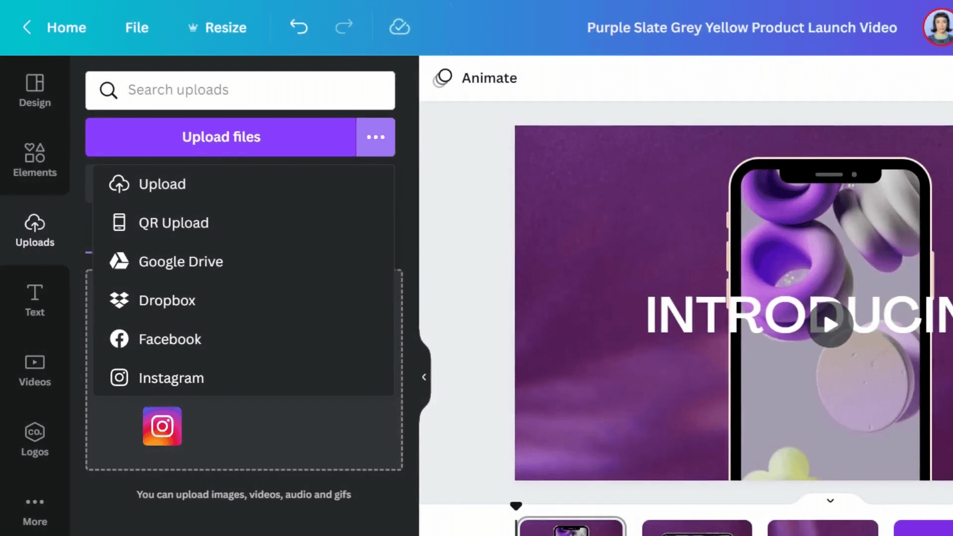 Make a video on canva: Upload your own file