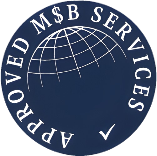Blue circular logo with a globe design in the center and the text 'APPROVED MSB SERVICES' around the edge.