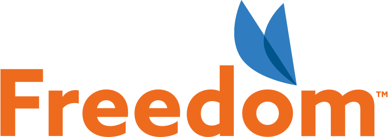 Freedom Mobile logo with orange text and blue stylized leaf above the letter m.